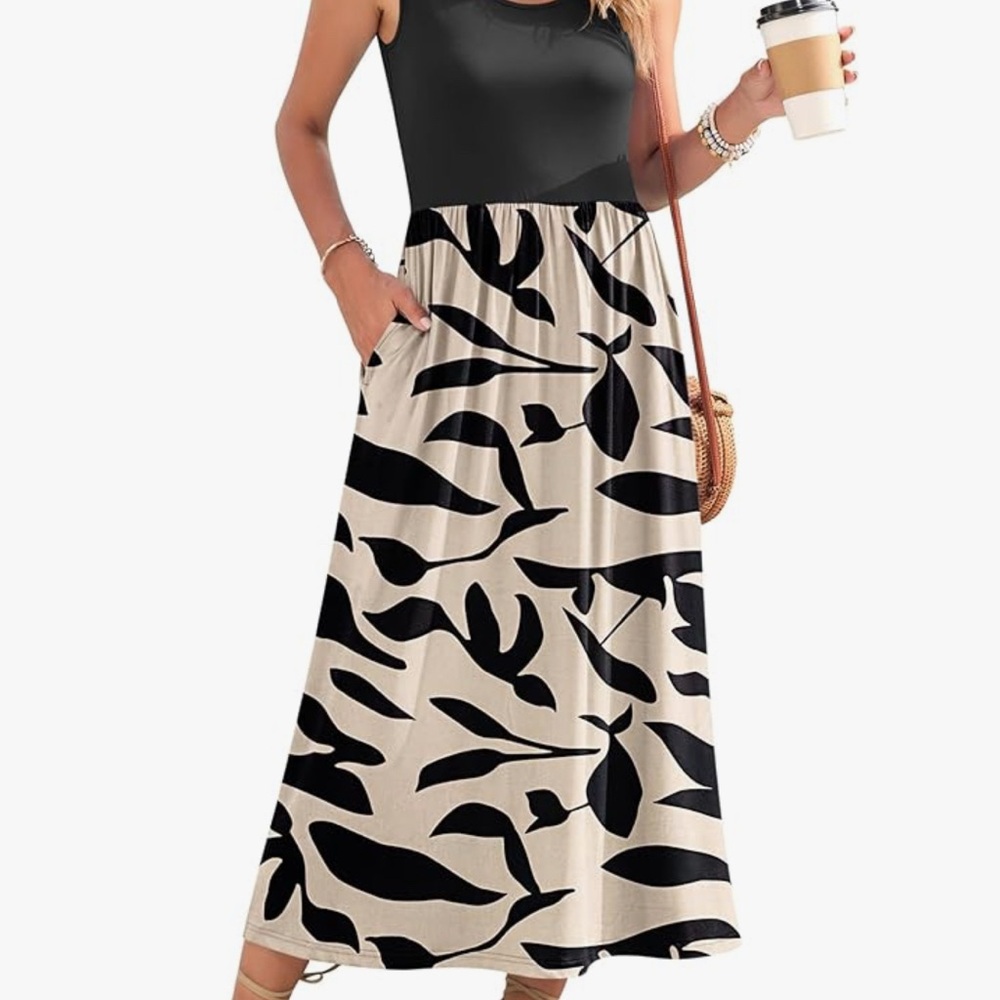 Black and Cream Leaf Print Maxi Dress
